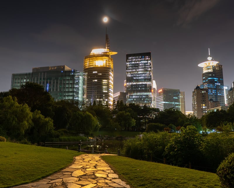 Moon over skyline, Douxian Park