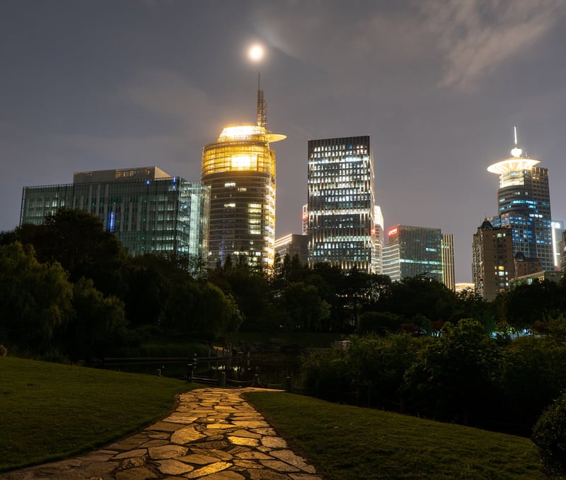 Moon over skyline, Douxian Park