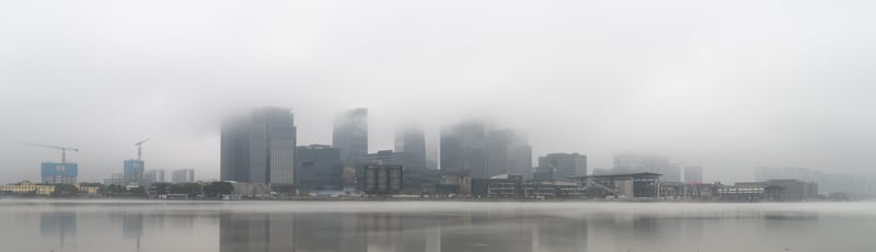 The Xuhui skyline, as seen across the Huangpu River from the Qiantan Youcheng Park in Sanlin town, just north of the Little Huangpu River (canal).