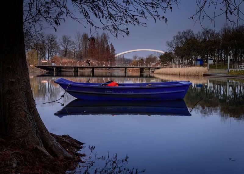 The lake is in the Shanghai Expo Park. It runs alongside, but does not contact, the Huangpu River. The arch in the distance is the Lupu Bridge. Once the longest arched bridge in the world, it is now third, behind the Ping’nan Third Bridge in Guangxi and the Chaotianmen Bridge in Chongqing. The six-lane bridge is named for the Luwan and Pudong districts that it connected when it was built. (Luwan is now part of Haungpu.) Like most large structures in Shanghai, LED lights animate it at night. The Expo Park was built for the 2010 Shanghai Expo (aka World Fair), and, controversially, involved the clearance of 2.6 ㎢ of riverfront. 73 million people attended the expo; US$48 billion was spent in preparation.