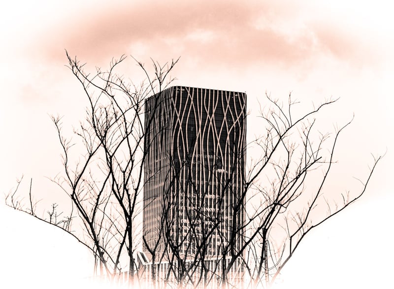 The tower at the New Bund, visible through the trees from the waterfront.